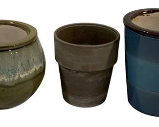 2335 - 3 Pottery Vases 5', 6" (Description): A collection of three pottery vases in  varying styles and glazes. The lot includes  pieces measuring 5 inches and 6 inches in  height.