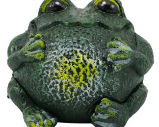 89 - Cast Iron Frog Paperweight / Garden Figurine 3.5" (Description): Cast iron frog paperweight featuring a  charming squat frog figure with textured  skin, painted in shades of green with yellow  accents on the belly and around the prominent  bulging eyes. The frog sits in a crouched position with its front legs folded against  its body. Measures 3.5 inches.