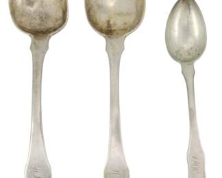 236 - 3 S. Kirk & Son Coin Silver Spoons 4.82oz (Description): A set of three S. Kirk & Son coin silver  spoons in the classic fiddle pattern. The  collection includes two tablespoons and one  teaspoon, all featuring the characteristic  simple, elegant design favored in 19th century American silver. The spoons bear  monogram engravings on the handles. Total  weight is 4.82 ounces.