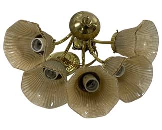 2073 - Brass Light Fixture w/ Glass Shades 16"x10" (Description): Brass light fixture featuring multiple arms  with decorative glass shades. The fixture  measures 16 inches by 10 inches. Used as is electric/electronic/mechanical  item. No guarantee all components, untested.