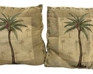 2113 - 2 Throw Pillows w/ Palm Tree Design (Description): A 2-piece set of throw pillows featuring a  palm tree design. Each pillow measures 16" x  16".