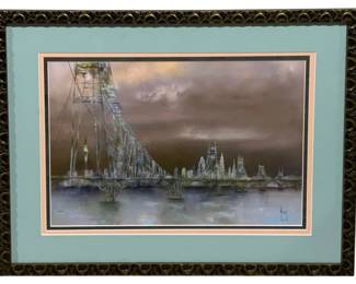 2884 - Framed Artwork "Le Pont de New York" signed (Description): by French surrealist artist Bernard Louedin  and #381/450 23 x 30