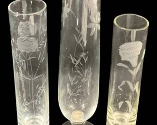 5842 - 3 Etched Glass Vases - 8.75" Tall