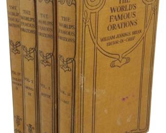 82 - 1906 1st Ed. World's Famous Orations 4 Vols (Description): A set of four volumes from The World's Famous  Orations, 1906 first edition, edited by  William Jennings Bryan. The set includes  Volumes 1 (Greece), 2 (Rome), 4 (Great  Britain), and 10 (America). The books feature tan cloth binding with decorative Art  Nouveau-style embossing on the covers and  spines in black. The bindings show  age-appropriate wear with some soiling and  spotting to the covers.