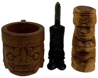 5212 - 3 Wooden Carved Tiki Bar Items (Description): bottle opener, mug, figurine