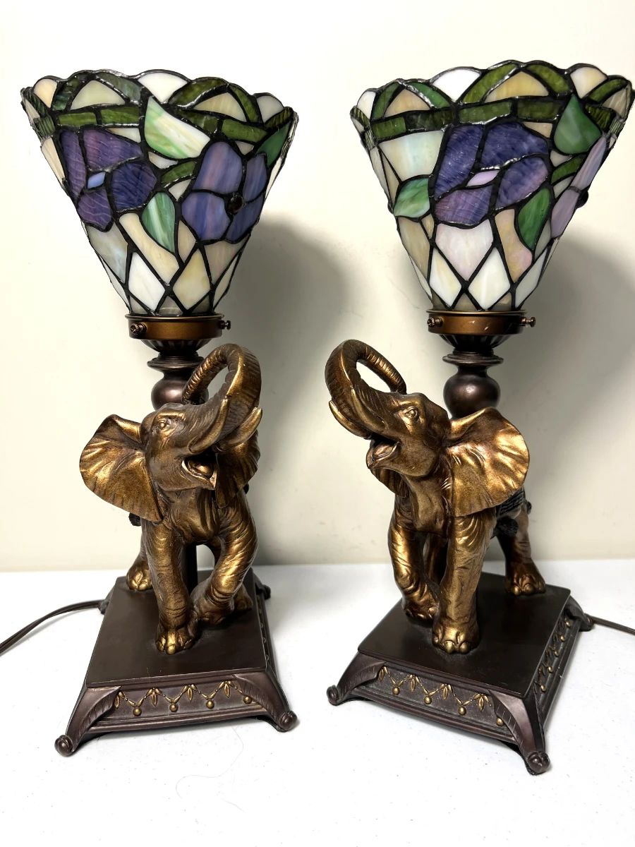 Pair of Stained Glass Tiffany Style Lamps w/ Elephant Base