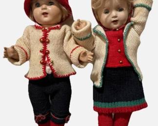 Pair of 17" Antique Dolls Composition Body Hard Plastic Face Sleepy Eyes Winter Clothing