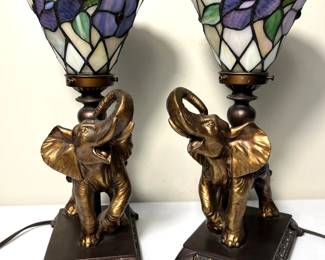 Pair of Stained Glass Tiffany Style Lamps w/ Elephant Base