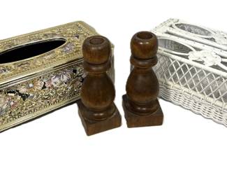 Lot of Hollywood Regency Tissue Box Cover, Wicker Tissue Box Holder, Wooden Candlestick Set