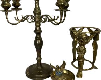 Brass Lot Candelabra, Cherub Tripod Plant Holder, Hot Wax Vessel