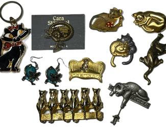 Large Lot CAT LOVERS' Accessories Belt Buckle, Pins, Earrings, Key Chain
