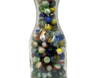 Paul Masson "Since 1852" Glass Carafe Jug filled with Vintage Marbles