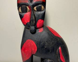 Mid Century Modernist Wood Carved Cat Sculpture Black & Red