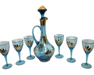 Romanian Decanter Set with 6 Glasses Hand Painted Gold Floral Motifs