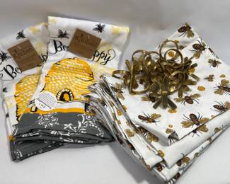 12 Cotton Bumble Bee Napkins with 12 Brass Cutlery Figural Napkin Rings + 2 Bee Happy Kitchen Towels