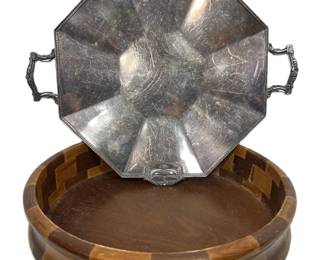 Segmented Wooden Serving Bowl and Pairpoint Sheffield Octoganol Serving Platter