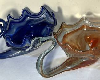 Pair of Art Glass Swan Bowls, Blue and Orange