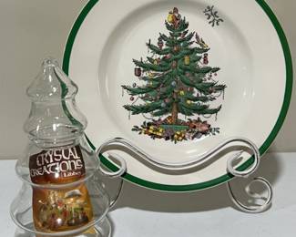 Spode Christmas Tree Shallow Bowl #48 w/ Libbey Crystal Creations Glass Christmas Tree