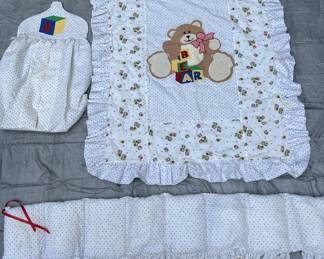 3 Piece Vintage Baby Set Crib Blanket, Bumper Pillow, Diaper Caddy
