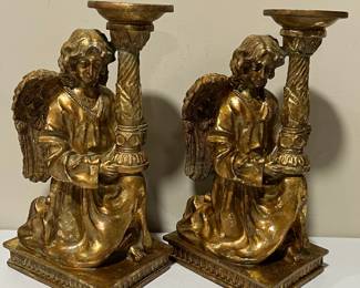 Pair of Baroque ELEMENTS Golden Angel Candleholders 15" Tall
