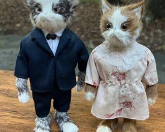 Vintage Hand Crafted CAT Couple Bride/Groom - Real Rabbit Fur