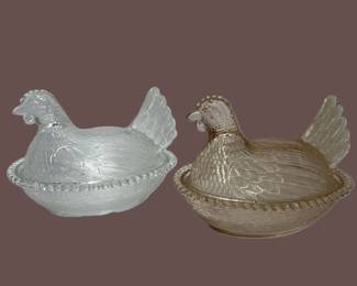 Indiana Glass Pair of Authentic Vintage Original Hen On Nest Light Pink & Clear