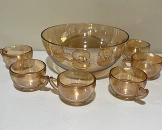 Jeannette Glass Company Iridescent Marigold EGGNOG Punch Bowl Set