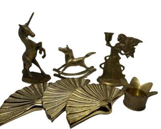 Brass lot - Unicorn, Rocking Horse, Angel Candle Holder and Dept 56 Votive, 3 Fans