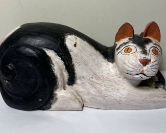 Large Mahogony Carved Folk Art Sitting Cat Black & White