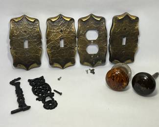 2 Porcelain Door Knobs, Cast Iron Owl Swivel Bracket + 4 Amerock Switch Plates