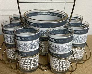 Jeannette Glass "Patrician Blue Corinthian" Greek Key Barware Set Caddy
