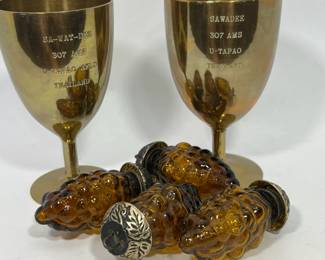 2 Brass Goblets Military Inscription Sawadee Thailand w/ 4 Amber Grape Clusters Hanging Ornaments