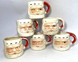 Set of 6 Vintage National Potteries Winking Santa Face Mini Ceramic Mugs JAPAN