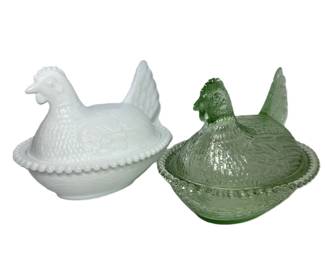 Indiana Glass Pair of Authentic Vintage Original Hen On Nest Light Green & White Milk Glass