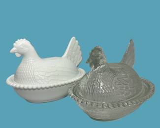 Indiana Glass Pair of Authentic Vintage Original Hen On Nest Clear & White Milk Glass