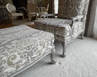 Ethan Allen French style Lounge chair with ottoman, chair 34”x35”x42”, ottoman 34”x25”x18” price $400