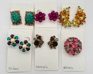 Colorful beaded and rhinestone costume jewelry earrings by Trifari, Sorrelli, and Weiss