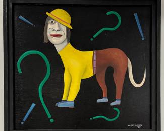"Where Have You Been" original painting on board by outsider artist Dennis L. Olecarzyk, Michigan; dated 1991, signed, framed size  27-3/8"W x 25-1/8"H. Depicts a surreal, hybrid creature featuring a human-like head wearing a yellow hat, a yellow-sleeved torso extending into a quadrupedal lower body resembling a dog with a white tail. The composition is framed in black and surrounded by graphic question and exclamation marks in green and blue. Signed "D.L. Olejarczyk '91" in the bottom right corner.