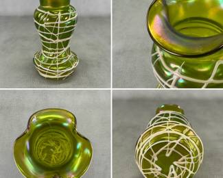 More views of the gorgeous Bohemian art glass vase, green glass with iridescent green-gold-magenta finish with applied cream-color threads, the rim pulled into three flaring curves; 6-3/4"H. Likely by Kralik or Pallme König & Habel, early 1900s.