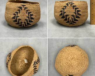 More views of the antique Native American Shastan / Shasta Group twined woven basket with Shaman Hands motif; early 20th C., 4-1/2 inches tall