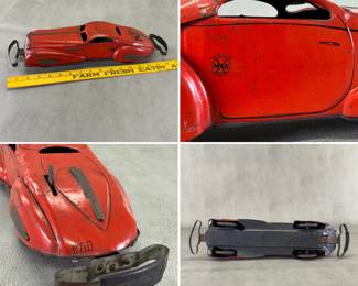 More views of the vintage 1930s Marx red lithographed Streamline "Reversible Coupe" tin wind-up bumper car, also known as the "Marvel Car"