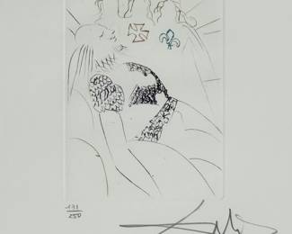 Closeup view of Salvador Dali's "Henry IV" drypoint etching with color from Dali's Shakespeare II suite, 1971,  hand signed and numbered 131/250.  Image is 5"x7", sheet is 17-1/2 x 12-1/4 inches. Full suite available at this sale.