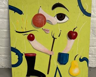 "Strange Balloons Updraft" original painting on board by outsider artist Dennis L. Olejarczyk, dated 1996, signed, 20"W x 21.25"H. A surrealist-style painting on a light-green background featuring components of a stylized face, hands holding a pitchfork, a boot, a hand in a blue pocket, and floating fruits including red apples and a yellow pear. Signed "D.L. Olejarczyk '96" in the bottom right corner.