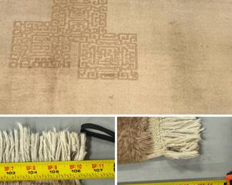 Closeups of the Chinese/Art Deco-inspired geometric rug featuring a neutral beige-camel color wool pile with stylized corner shou-style geometric motifs and fringed ends. Measures 8'10" x 11'10"