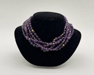 A beautiful 5-strand round amethyst bead necklace, 17" length, with 14k gold clasp