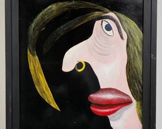 "Head Cheese" - an original painting by outsider artist Dennis L. Olejarczyk. Signed and dated '96 on the reverse. Framed size 21-3/4"W x 23-1/4"H.