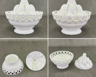 Antique late 19th century Atterbury milk glass Chick on Egg Pile covered dish, 7"W x 7"H, lid interior marked Pat'd 1889