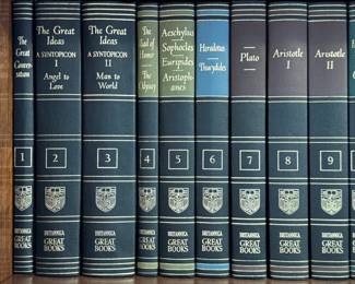 Complete 54-volume set of Great Books of the Western World, published by Encyclopædia Britannica. Volumes include Homer, Aristotle, Darwin, Chaucer, Shakespeare, Cervantes, Montaigne, Tolstoy, William James, Gibbon, Melville, Virgil, and many more. 