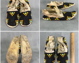 More views of the pair of Native American beaded hide moccasins—likely 19th-century Lakota Sioux or Northern Plains origin—with sinew-sewn tanned hide and intricate beadwork of predominantly black vamp fields accented with distinctive geometric stepped or checkerboard beadwork in black, green, yellow, and white