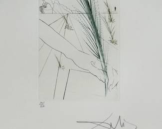 Closeup view of Salvador Dali's "Love's Labour Lost" drypoint etching with color from Dali's Shakespeare II suite, 1971,  hand signed and numbered 131/250.  Image is 5"x7", sheet is 17-1/2 x 12-1/4 inches. Full suite available at this sale.